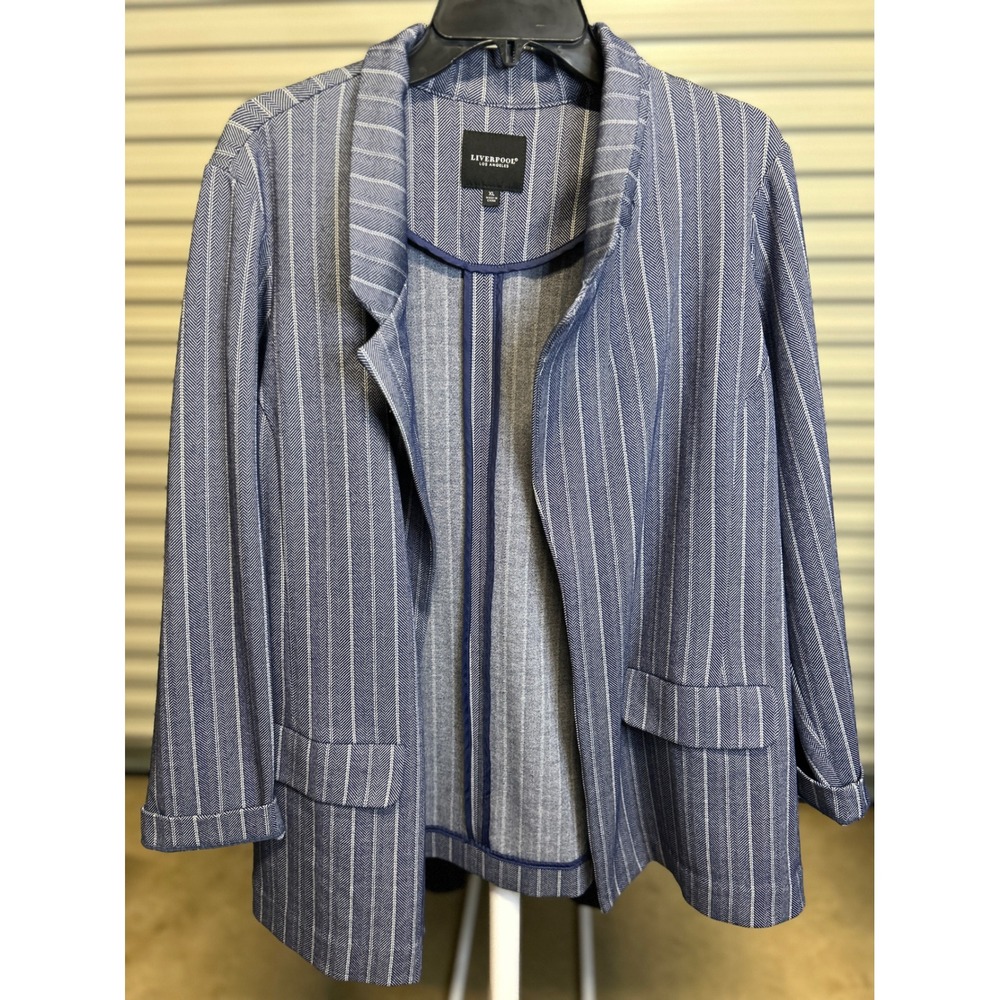 Liverpool Blazer Womens XL Blue Herringbone Pinstripe Open Front Stretch Jacket